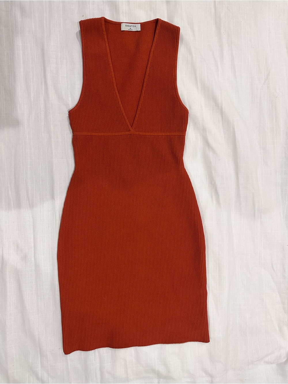 Babaton Rust-Red Ribbed V-Neck Mini Dress